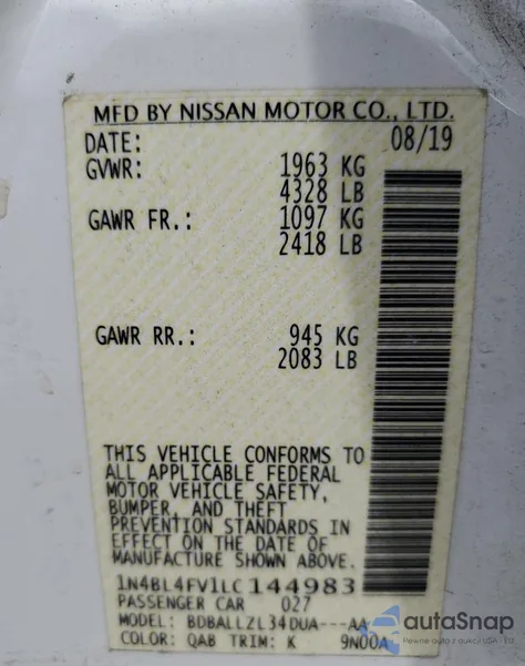 2020 Nissan Altima Platinum из США, поврежденный, VIN 1N4BL4FV1LC144983